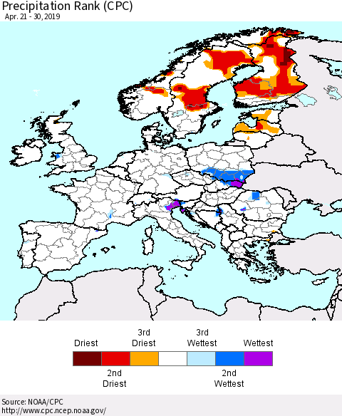 Europe Precipitation Rank since 1981 (CPC) Thematic Map For 4/21/2019 - 4/30/2019
