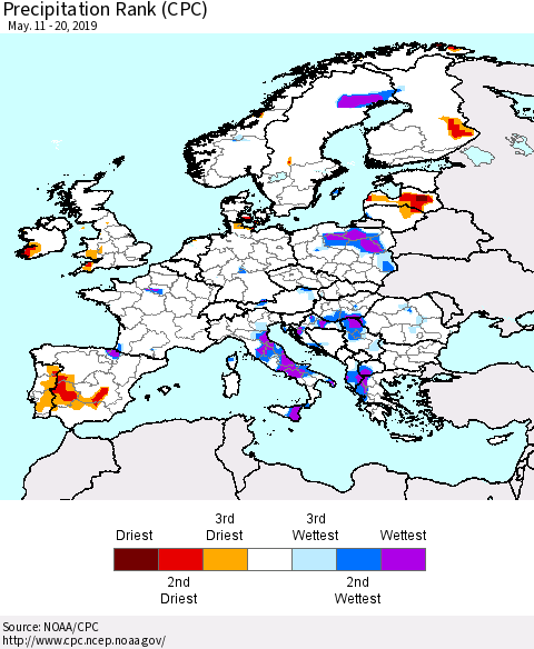 Europe Precipitation Rank since 1981 (CPC) Thematic Map For 5/11/2019 - 5/20/2019