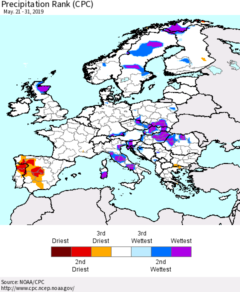 Europe Precipitation Rank since 1981 (CPC) Thematic Map For 5/21/2019 - 5/31/2019
