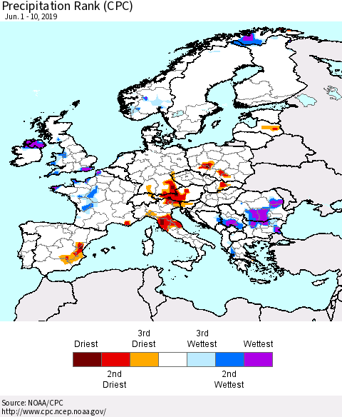 Europe Precipitation Rank since 1981 (CPC) Thematic Map For 6/1/2019 - 6/10/2019