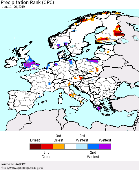 Europe Precipitation Rank since 1981 (CPC) Thematic Map For 6/11/2019 - 6/20/2019