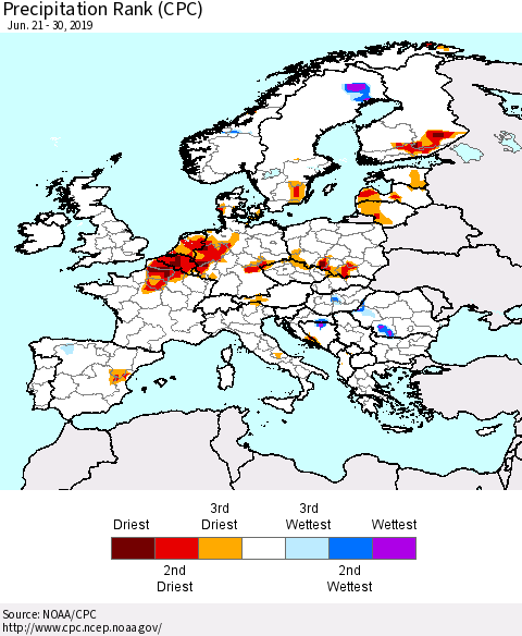 Europe Precipitation Rank since 1981 (CPC) Thematic Map For 6/21/2019 - 6/30/2019