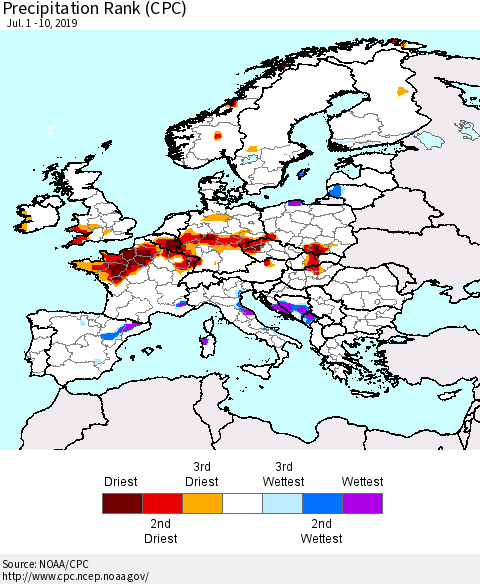 Europe Precipitation Rank since 1981 (CPC) Thematic Map For 7/1/2019 - 7/10/2019