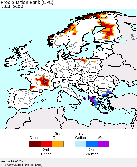 Europe Precipitation Rank since 1981 (CPC) Thematic Map For 7/11/2019 - 7/20/2019