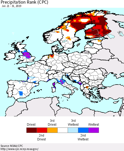 Europe Precipitation Rank since 1981 (CPC) Thematic Map For 7/21/2019 - 7/31/2019
