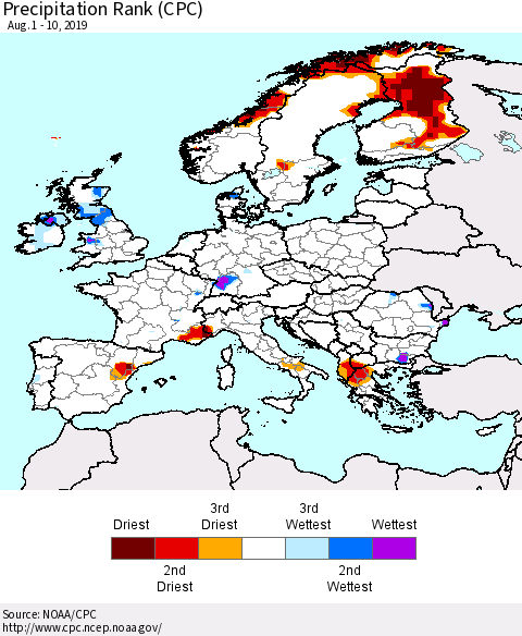 Europe Precipitation Rank since 1981 (CPC) Thematic Map For 8/1/2019 - 8/10/2019