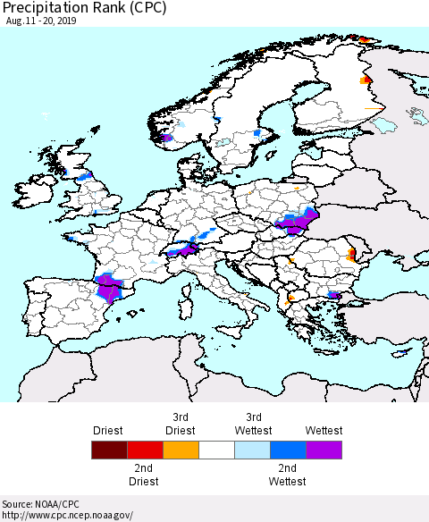 Europe Precipitation Rank since 1981 (CPC) Thematic Map For 8/11/2019 - 8/20/2019
