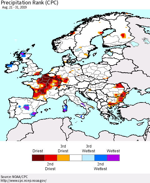 Europe Precipitation Rank since 1981 (CPC) Thematic Map For 8/21/2019 - 8/31/2019