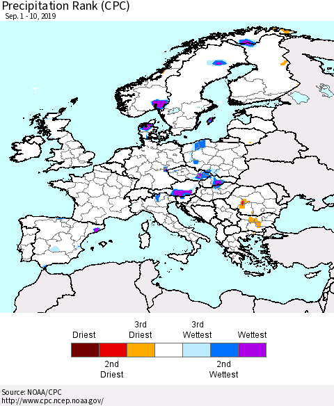 Europe Precipitation Rank (CPC) Thematic Map For 9/1/2019 - 9/10/2019