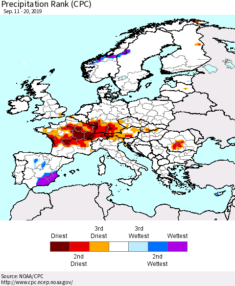 Europe Precipitation Rank since 1981 (CPC) Thematic Map For 9/11/2019 - 9/20/2019