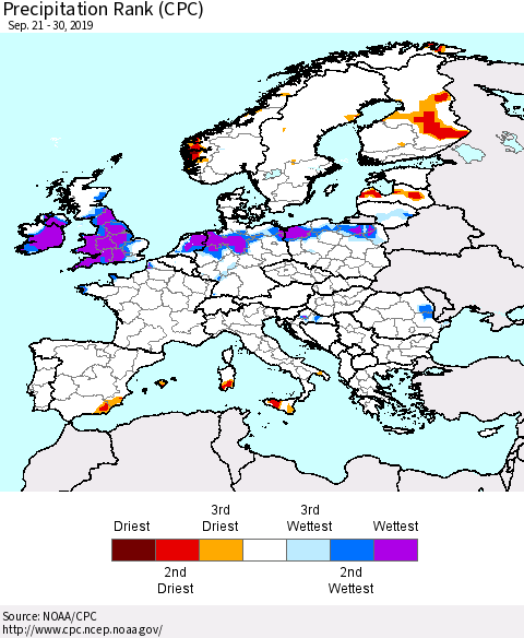 Europe Precipitation Rank (CPC) Thematic Map For 9/21/2019 - 9/30/2019