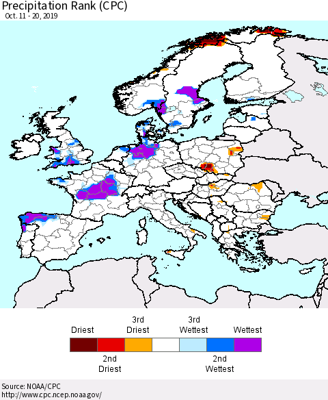 Europe Precipitation Rank (CPC) Thematic Map For 10/11/2019 - 10/20/2019