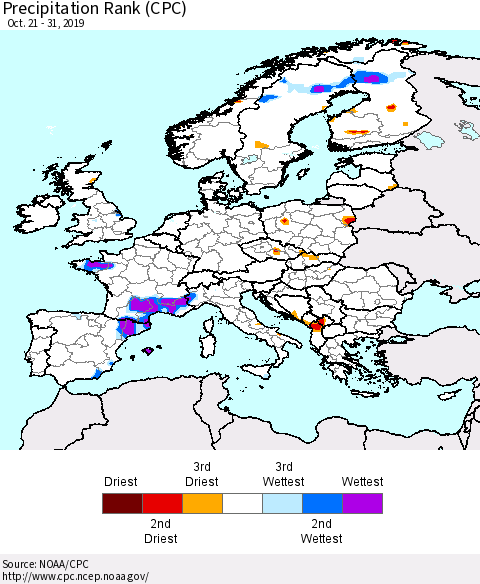 Europe Precipitation Rank (CPC) Thematic Map For 10/21/2019 - 10/31/2019