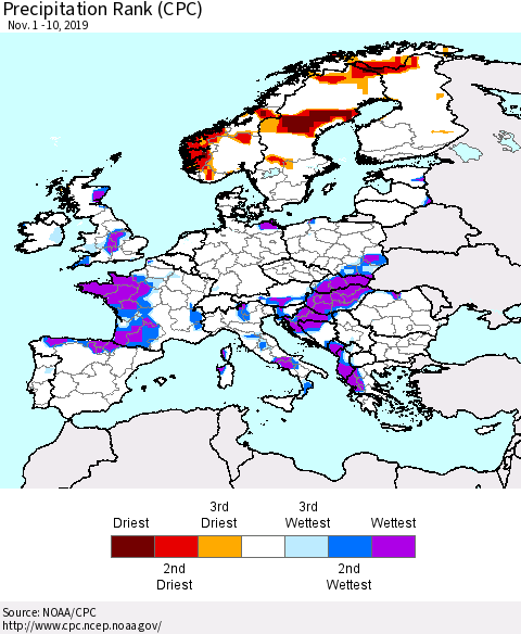 Europe Precipitation Rank (CPC) Thematic Map For 11/1/2019 - 11/10/2019