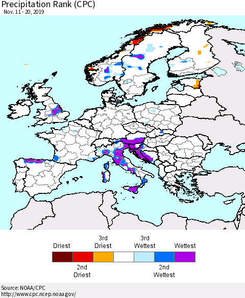 Europe Precipitation Rank (CPC) Thematic Map For 11/11/2019 - 11/20/2019