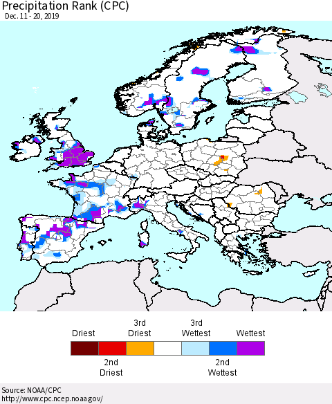 Europe Precipitation Rank (CPC) Thematic Map For 12/11/2019 - 12/20/2019