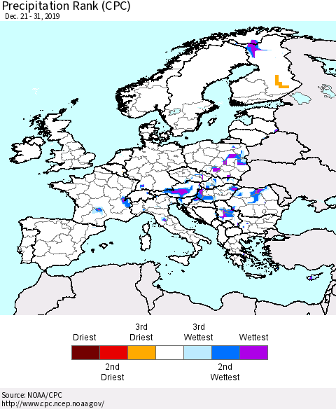 Europe Precipitation Rank (CPC) Thematic Map For 12/21/2019 - 12/31/2019
