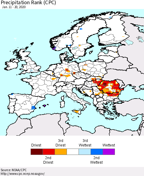Europe Precipitation Rank (CPC) Thematic Map For 1/11/2020 - 1/20/2020