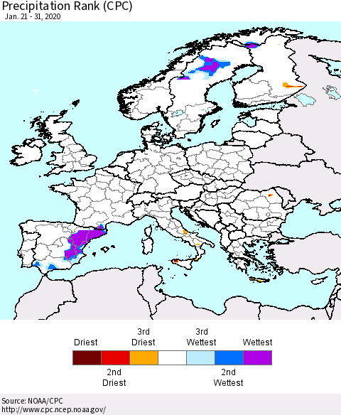 Europe Precipitation Rank (CPC) Thematic Map For 1/21/2020 - 1/31/2020