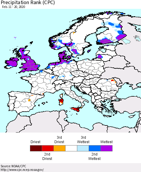 Europe Precipitation Rank (CPC) Thematic Map For 2/11/2020 - 2/20/2020