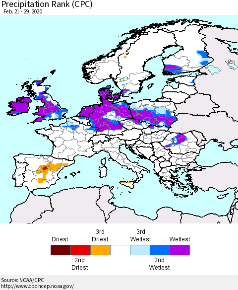 Europe Precipitation Rank (CPC) Thematic Map For 2/21/2020 - 2/29/2020