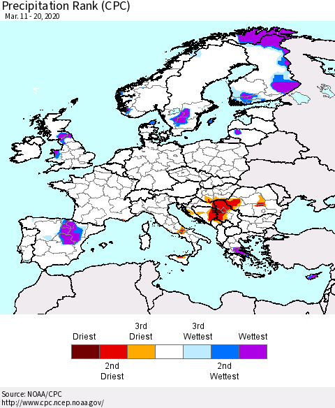 Europe Precipitation Rank (CPC) Thematic Map For 3/11/2020 - 3/20/2020