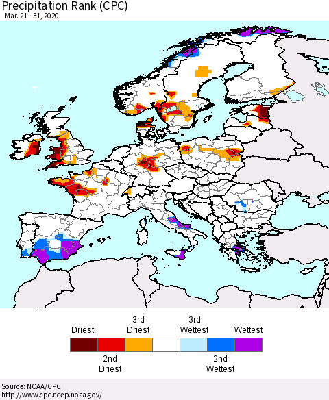 Europe Precipitation Rank (CPC) Thematic Map For 3/21/2020 - 3/31/2020