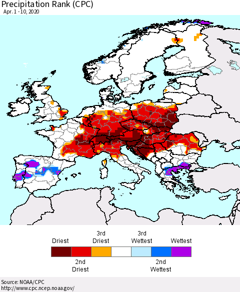 Europe Precipitation Rank (CPC) Thematic Map For 4/1/2020 - 4/10/2020