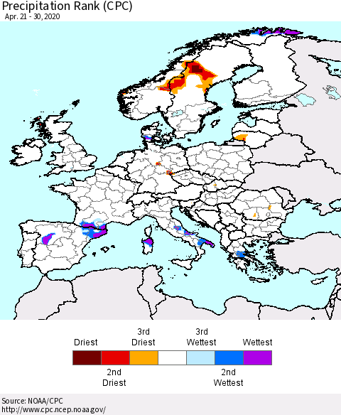 Europe Precipitation Rank (CPC) Thematic Map For 4/21/2020 - 4/30/2020
