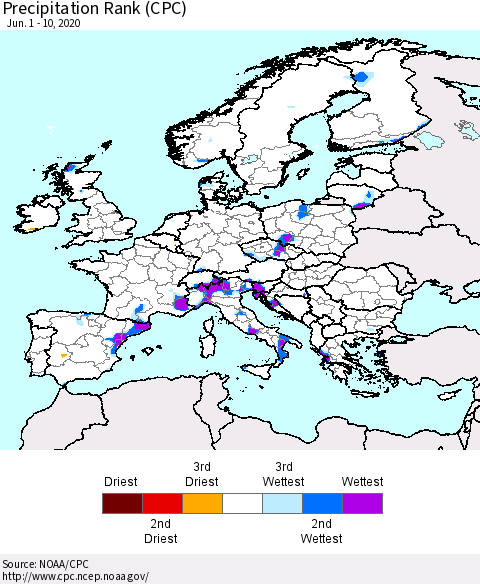 Europe Precipitation Rank (CPC) Thematic Map For 6/1/2020 - 6/10/2020