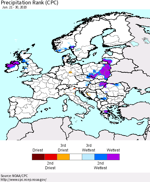 Europe Precipitation Rank (CPC) Thematic Map For 6/21/2020 - 6/30/2020