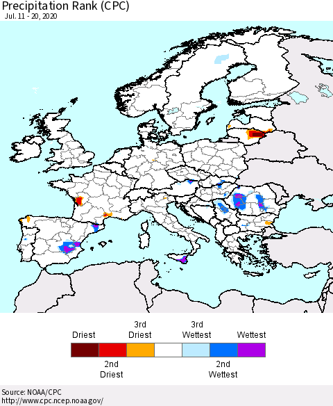 Europe Precipitation Rank since 1981 (CPC) Thematic Map For 7/11/2020 - 7/20/2020