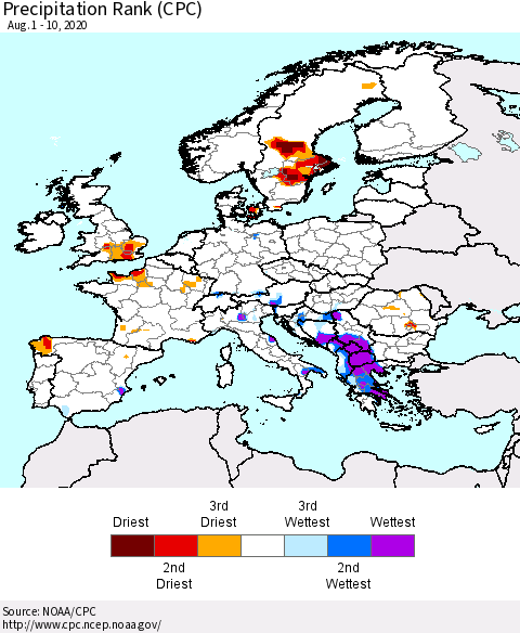Europe Precipitation Rank since 1981 (CPC) Thematic Map For 8/1/2020 - 8/10/2020