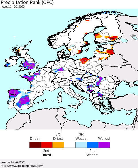 Europe Precipitation Rank (CPC) Thematic Map For 8/11/2020 - 8/20/2020