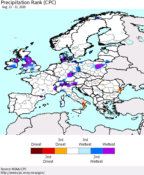 Europe Precipitation Rank (CPC) Thematic Map For 8/21/2020 - 8/31/2020