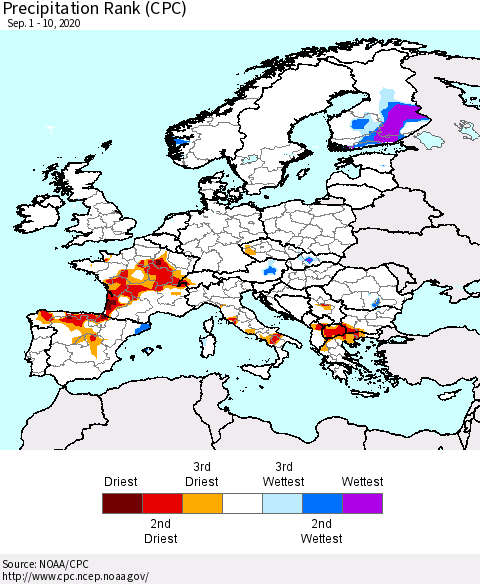 Europe Precipitation Rank (CPC) Thematic Map For 9/1/2020 - 9/10/2020