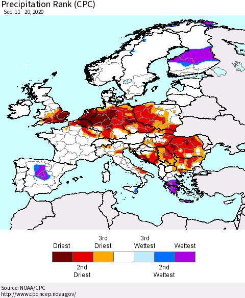 Europe Precipitation Rank (CPC) Thematic Map For 9/11/2020 - 9/20/2020