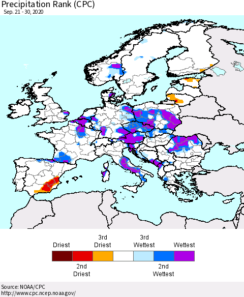 Europe Precipitation Rank (CPC) Thematic Map For 9/21/2020 - 9/30/2020