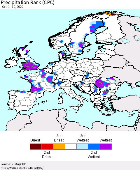 Europe Precipitation Rank (CPC) Thematic Map For 10/1/2020 - 10/10/2020