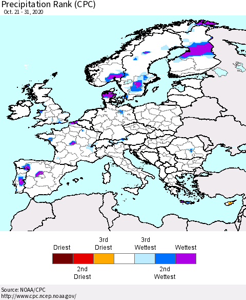 Europe Precipitation Rank since 1981 (CPC) Thematic Map For 10/21/2020 - 10/31/2020