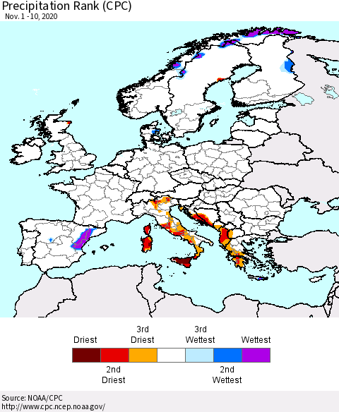 Europe Precipitation Rank (CPC) Thematic Map For 11/1/2020 - 11/10/2020
