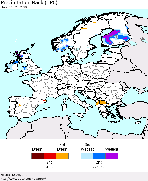 Europe Precipitation Rank (CPC) Thematic Map For 11/11/2020 - 11/20/2020