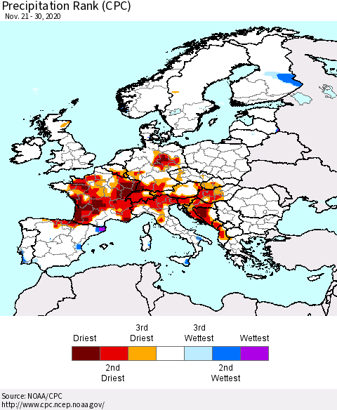 Europe Precipitation Rank (CPC) Thematic Map For 11/21/2020 - 11/30/2020