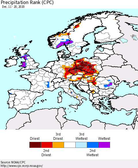 Europe Precipitation Rank (CPC) Thematic Map For 12/11/2020 - 12/20/2020