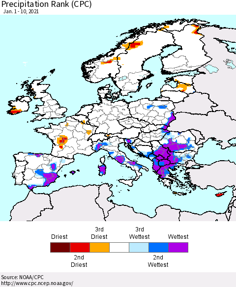 Europe Precipitation Rank (CPC) Thematic Map For 1/1/2021 - 1/10/2021