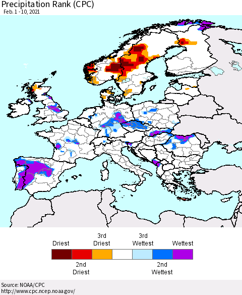 Europe Precipitation Rank (CPC) Thematic Map For 2/1/2021 - 2/10/2021
