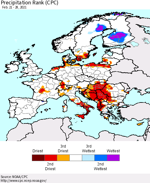 Europe Precipitation Rank (CPC) Thematic Map For 2/21/2021 - 2/28/2021