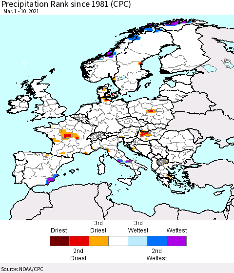 Europe Precipitation Rank (CPC) Thematic Map For 3/1/2021 - 3/10/2021