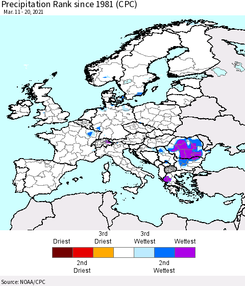 Europe Precipitation Rank (CPC) Thematic Map For 3/11/2021 - 3/20/2021