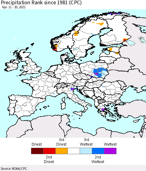 Europe Precipitation Rank (CPC) Thematic Map For 4/11/2021 - 4/20/2021